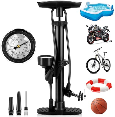 Bike Pump with Pressure Gauge, Bicycle Floor Pump Portable Bike Tyre Pump Stand Pump 160PSI/11Bar High Pressure Bike Air Pump with Presta, Schrader Valves for all Bikes, Road Mountain Bikes & Balls