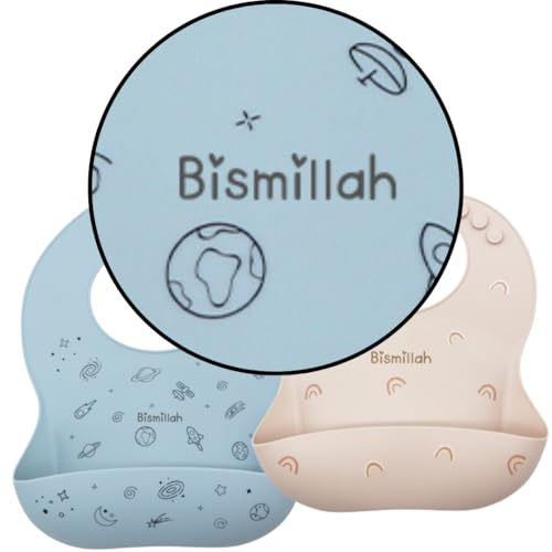 Cerise&Fraise Bismillah Silikon-Lätzchen, wasserdicht, BPA-frei, 100 % lebensmittelechtes Silikon, weich und flexibel, einzigartiges Design, 2 Stück, blau, One size