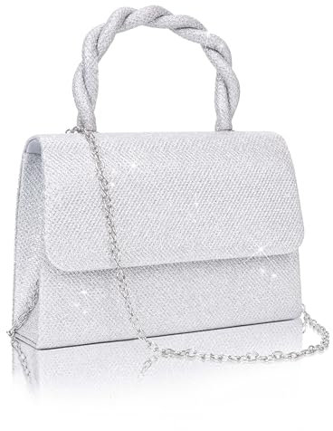 Larcenciel Damen Clutch, Glitzer Silber Handtasche mit Abnehmbarer Kette, Metallisch Pailletten Abendtasche, Elegant Tasche Crossbody Umhängetasche für Hochzeit Party Bankett Ferien (20x5.5x13.5cm)