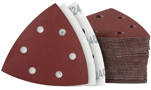 MIDO Professional Abrasive Almohadillas de lija triangulares, 50 unidades, 93 mm, grano 240, 6 agujeros, lijadora, papel de lija con gancho y bucle