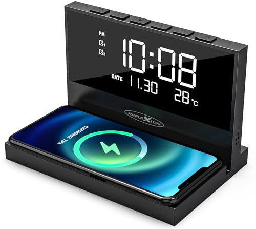 Reflexion ACW2188 - Cargador inalámbrico, estación de Carga para Smartphone, Despertador con Cargador inalámbrico, Pantalla Grande para Hora, Fecha y Temperatura, 2 alarmas, luz Nocturna, función de