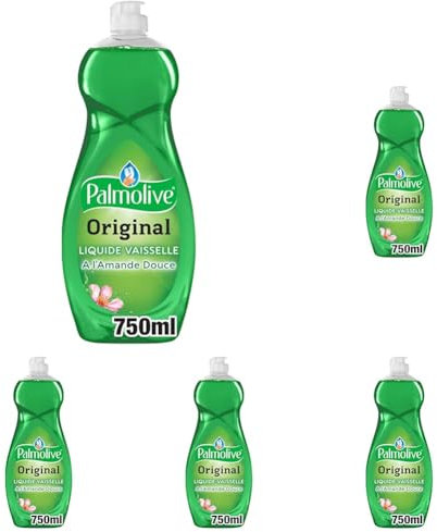 PALMOLIVE - Liquide Vaisselle Palmolive Original à l'Amande Douce - Respectueux de la Peau - Produit Dégraissant Pour une Vaisselle Étincelante - Flacon 750 ml (Lot de 5)