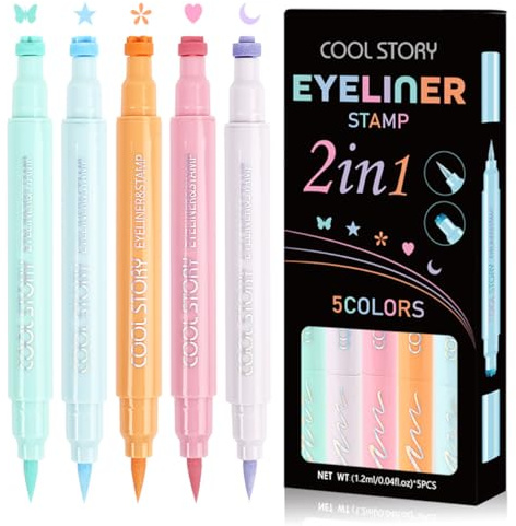 5PCS Double-Ended Colorful Eyeliners Stamp Set, Matte Liquid Eye Liner Pencil with Star, Heart, Moon, Flower, Butterfly Stamps, Long-lasting, Quick-Drying, Waterproof Eye Makeup