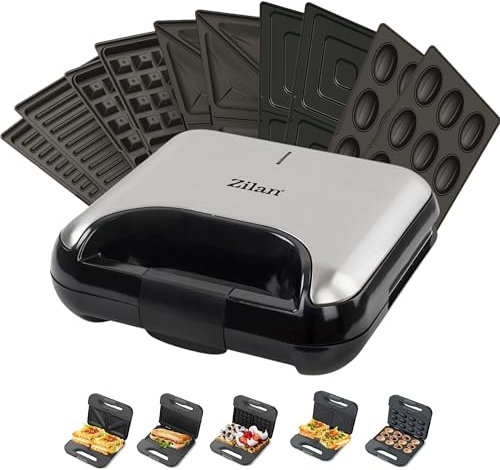 5-in-1 Sandwichmaker Waffeleisen Nussbäcker Kontaktgrill Elektogrill mit Wechselplatten für Sandwich (quadratisch & dreieckig) belgische Waffel Zaubernüsse Antihaftbeschichtung Cool-Touch-Griffe