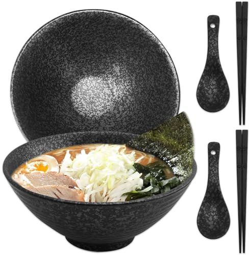 CIGAA Ramen Schüssel Set - 2 x 1200ml Ramen Bowl | Ramenschüssel aus Keramik | Japanische Suppenschüssel mit Essstäbchen und Löffeln | Mikrowelle & Spülmaschinenfest