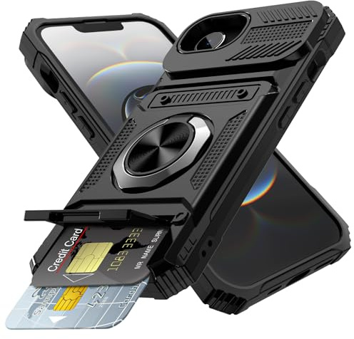 Coolden for iPhone 16e Case iPhone 17e Case with Card Holder [Max 2 Cards] Ring Kickstand Shockproof Military Grade Dual Layer Heavy Duty Protective Wallet Cover for iPhone 16e/17e Phone Case-Black