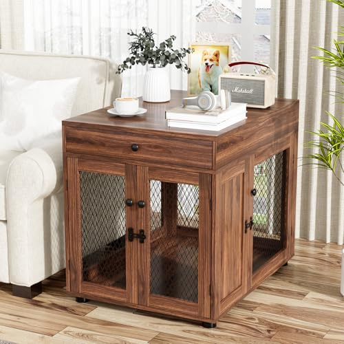 VOWNER Cage pour chien - Meuble d'intérieur - En bois - 3 portes - Avec tiroir - Niche moderne comme table d'appoint - 60 x 80 x 69 cm - Pour les chiens de petite/moyenne taille à la maison de moins