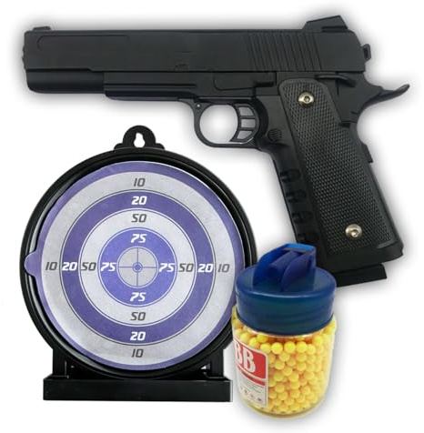 Rayline Softair Komplett-Set RV21 Metall Softair 219 Zielscheibe BB1000, Nachbau im Maßstab 1:1, Länge: 23cm, Gewicht: 510g, Kaliber: 6mm, Farbe: Schwarz - (unter 0,5 Joule - ab 14 Jahre)