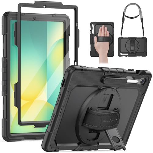SEYMAC Schutzhülle für Samsung Galaxy Tab S10 FE+ Plus 13,1 Zoll 2025, Schwarz | Stoßfeste Hülle mit Displayschutzfolie, 360°Drehbarem Ständer, Handschlaufe, Schultergurt, Stifthalter, Arbeit/Outdoor&Alltag