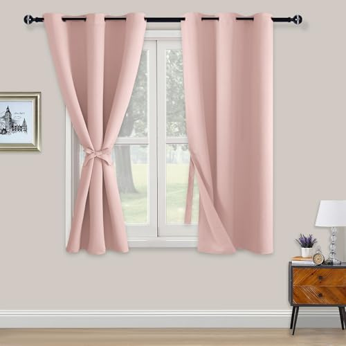 XWZO Blackout Curtains Shades Window Curtain Panels with Tiebacks- Noise Reduction and Thermal Insulated Eyelet Curtains for Bedroom,Living Room,Office,Study Room Pink W46xL54