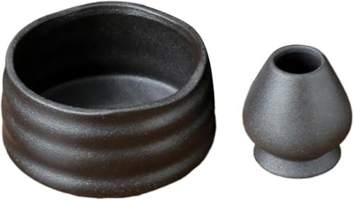 Gcljlmy Ciotola matcha e porta frusta matcha, ciotola in ceramica matcha, ciotola matcha fatta a mano, per feste, cerimonie tradizionali, ufficio, feste (nero)