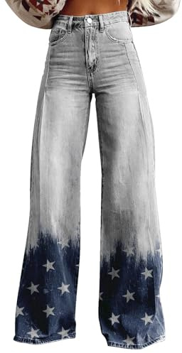 Generisch Pantalon style années 70 pour femme, taille haute, coupe large, style vintage plein de fleurs, streetwear, jean en denim, élastique à la taille, avec poches, S-5Xl, bleu ciel, XXL