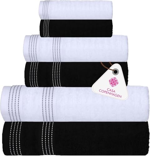 Casa Copenhagen, 6teiliges Designer Handtuch Geschenkset aus 100% ägyptischer Baumwolle Schwarz + Weiss, 550 g/m² (2Badetücher, 2Handtücher, 2Waschhandschuhe) Geschenkbox für Damen & Herren | Elegance 100 % reine ägyptische Baumwolle, Bad, Küche, Dusche: 2 Badetücher, 2 Hände, 2 Handschuhe (Geschenkset für Damen und