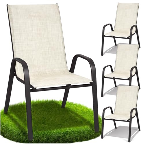 ZOLTA 4X Gartenstuhl Metall Beige – Outdoor Stuhl Balkon Terrasse – Textilen Stoff stapelbar – Gartenmöbel Set mit Armlehne – wetterfest UV-beständig – ergonomisch & bequem – max. 120 kg Belastung