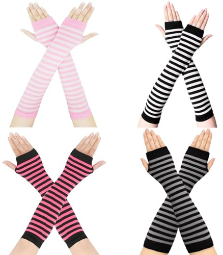 4 Paia Guanti Lunghi a Righe da Donna, Guanti Senza Dita Donna, Maniche a Braccio Righe Scaldabracci, Adatto per Fare Shopping, Andare a Scuola, Fare Escursioni,Ballare o Portare a Spasso il Cane