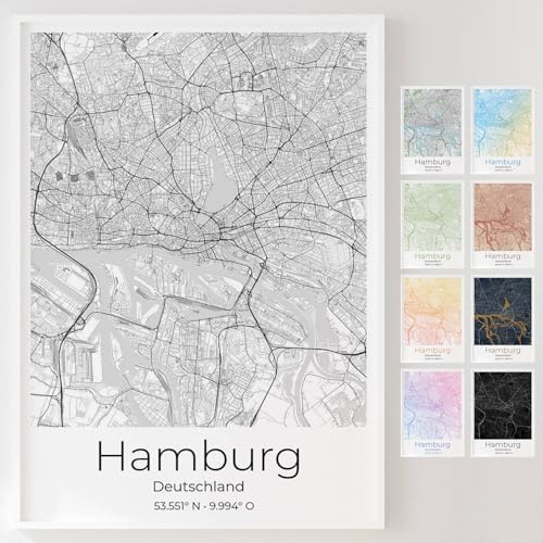 Mapdify Hamburg personalisiertes Stadtposter, dein Lieblingsort als Wandposter, Karte deiner Stadt, personalisiertes Andenken an Hamburg – Stil: Pure