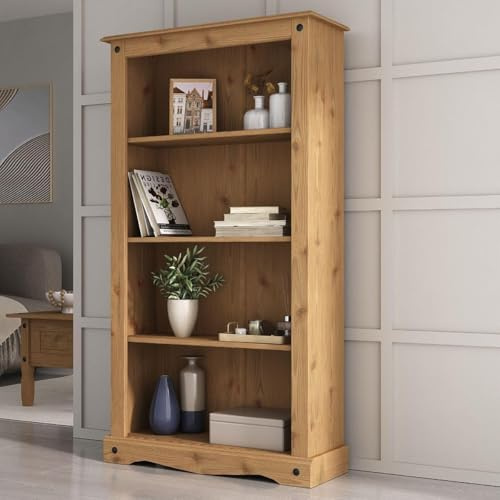 Mews Corona Bookcase Medium Solid Mexican Pine Wood with 3 Shelves - Rustic Farmhouse Style