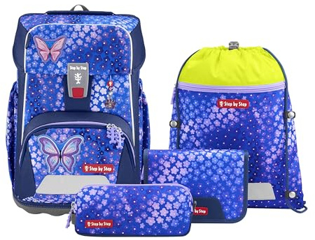 Step by Step Giant Schulranzen-Set „Butterfly Maja“, 5-teilig, blau-rosa, ergonomischer Tornister mit Reflektoren, höhenverstellbar mit Hüft- und Brustgurt, für Mädchen ab der 1. Klasse, 23 Liter