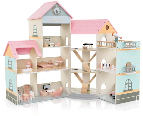 COSTWAY Dockhus trä, dockhus 94 cm högt med 41 möbler och tillbehör, dockvilla med 6 rum och terrass och garage, dockhus, gåva för barn från 3 år