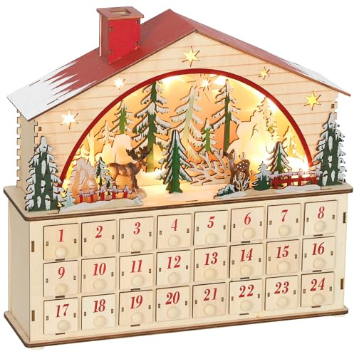 HOMCOM Adventskalender zum Befüllen 24 Schubladen Naturholz 36 x 10 x 34 cm | Fächer, Weihnachtskalender, mit LED-Lichtern, Weihnachtsdekoration, Adventskalenderbox, DIY