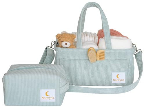 Naevyna Wickeltisch Organizer Set aus Cord 2-in-1, Wickelkorb Organizer für die Wickelstation mit Schultergurt & Wickeltasche, Baby Windel Caddy, Aufbewahrungskorb für Windeln, Geschenk zur Geburt