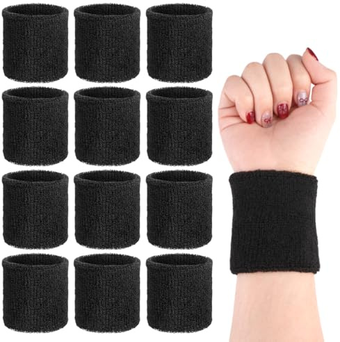 12 Pièces Bandeau Poignet Sport, 8X8 cm Serre Poignet, pour Homme & Femme, Elastiques, Absorbant, pour Basket-Ball, Tennis, Football, Course à Pied, Travail, Badminton, Salle de Sport (Noir)