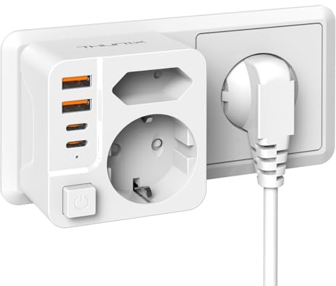 THUNIX Ladrón Enchufes con USB C, 4000W Regleta Enchufe Múltiples Pared con 2 USB C y 2 USB A con Interruptor para Hogar Oficina Viajes-Blanco