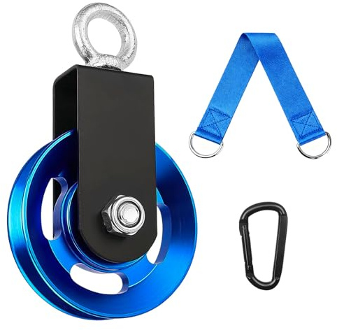 90 mm Blaues Aluminium Umlenkrolle, mit U Umlenkrollen für Seile, Schwarze Kletter Schnalle und Verbindungsgurt, Geeignet für Fitnessgeräte, Hebevorrichtungen und Outdoor Werkzeuge (Blau)