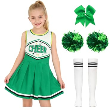 Freebily Costume da Cheer-Leader Bambina Uniforme Cheerleading con Pompon Calzini e Accessori Cheerleading Outfit Vestito Carnevale Scuola Festa Evento Sportivo Verde 5-6 Anni