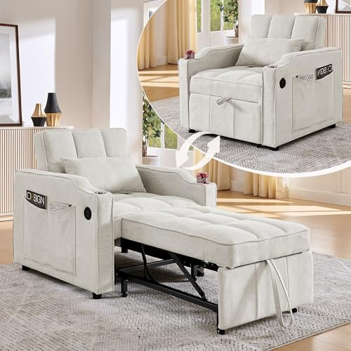 Bladez Poltrona Letto Convertibile 3 in 1 con USB e Type-C, Poltrona Letto Salvaspazio con Funzione Letto 190 cm, Schienale Regolabile 3 Livelli, Portabicchieri Inox, Tasche Laterali (Beige)