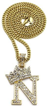 Fashion 21 King Crown Alphabet N Pendant 24 inches Various Chain Necklace in Gold, Silver Tone (Gold / 3mm 24 Cuban Chain)