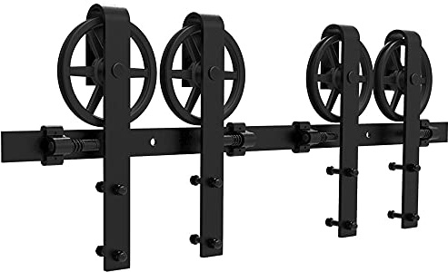 167cm/5.5FT Schiebe holztür,Schiebetürbeschlag Set Doppeltür Schiebetürsystem Zubehörteil,Schwarz-Big Spoke Wheel Sliding Barn Door Kit