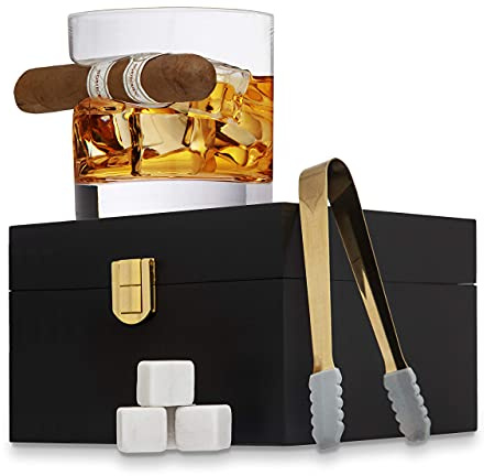 Godinger Cigar Whiskey Glass Wooden Gift Box Set with Old Fashioned Glass, Cooling Whiskey Stones and Tongs Bar Set