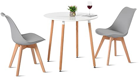 H.J WeDoo Esstisch mit 2 Stühle Essgrupp Holztisch und Grau Skandinavisches Stuhl Esstisch Set für Esszimmer Küche 80cm | Essgruppen Runder Tisch 80 cm, Skandinavisches Design, Massivholzbeine, für Balkon Küche Büro Esszimmer, Grau Stühlen