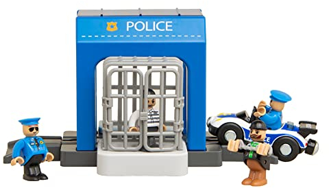 JAWSEU Zugspielzeug - Eisenbahn lok Holzeisenbahn Zug Train Toy, Magnetisch Verbunden Kleinzug Kompatibel mit Holzschienen, Lernspielzeug für Kinder (Polizeistation)