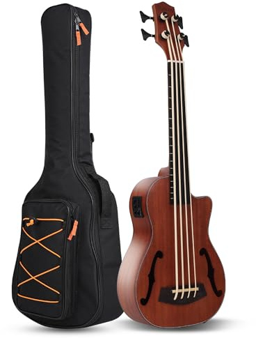 Batking Ubass Electric Bass ukulele, 30 Inch Cutaway Fretless Bass Wooden Electric Acoustic Bass Ukulele Ukelele Built-in EQ Tuner with F Sound Holes