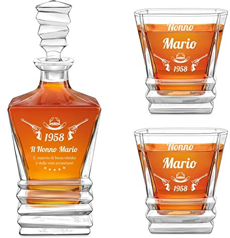 Maverton Caraffa whisky 800 ml + set di 2/4/ 6 bicchieri whisky personalizzati - il decanter con 2 bicchieri da whisky in vetro - set caraffa per whisky per uomo per compleanno - Pistole
