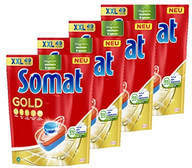 Somat Gold Spülmaschinen Tabs (4x49 Tabs), Geschirrspül Tabs für strahlend sauberes Geschirr auch bei niedrigen Temperaturen, Extra-Kraft gegen Eingebranntes
