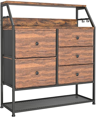 Dripex Kommode,Stoffschrank mit 5 Schubladen mit Griffen,Sideboard,Aufbewahrungskommode,Metallgestell,Schubladenschrank für Kinderzimmer Schlafzimmer Flur,Vintagebraun