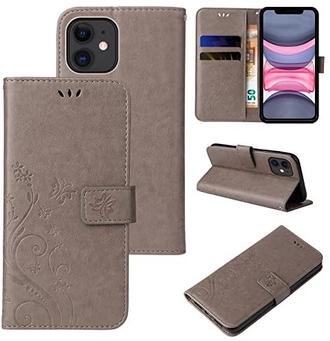 LBH Handy Hülle für Apple iPhone 11 Case Handytasche Schmetterling Blumen Flower Standfunktion Schutzhülle Magnet Rundum Schutz 360 Grad Flipcase Cover Grau