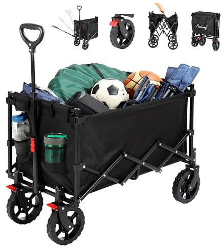 Finnhomy 150L Folding Camping Trolley with Brake, Collapsible Festival Trolley with Removable Wheels, 150KGs Capacity with Drink Holders
