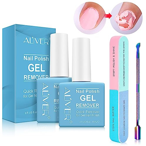 Gel Nail Polish Remover 2 Pack, Gel Polish Remover in 2-5 Minutes, Quickly & Easily Remove Gel Nail Polish with Scraper Cuticle Pusher Tools + Nail File, No need for Foil, Soaking Or Wraping