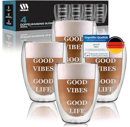 ANWA® 4 Doppelwandige Thermogläser (350ml Volumen) mit Aufdruck - Kaffeegläser - Cappuccino Gläser - Latte Macchiato Gläser