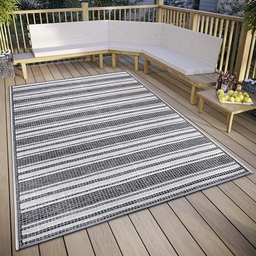 Hanse Home Temu In- & Outdoor Teppich Wetterfest – Modernes Streifen Muster, Wasserfest robuster Aussenteppich Flachgewebe für Garten, Balkon, Terrasse, Wohnzimmer – Grau Beige, 76x150cm