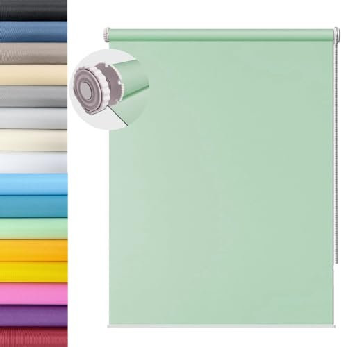 Verdunklungsrollo ohne Bohren Klemmfix 55 x 100 cm Hitzeschutz und Sichtschutz Deckenmontag Seitenzugrollo Inkl Montage-Teile, für Fenster und Türen, Zart Grün