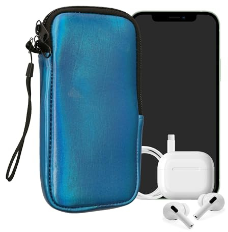kwmobile Neopren telefonväska storlek XXL – 17,78 cm (7 tum) – universell mobiltelefonväska med dragkedja, handledsrem – metallisk karibisk blå