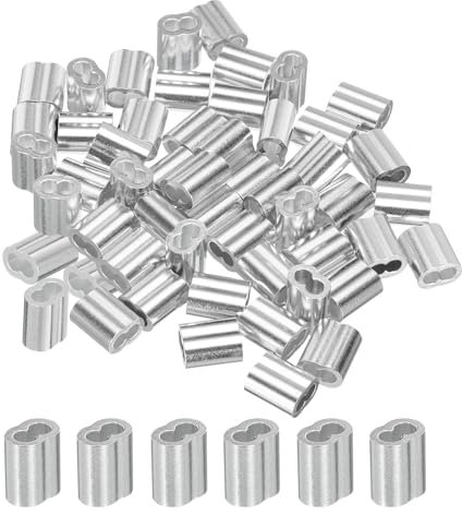 sourcing map 1/8 3mm Aluminum Crimping Loop Sleeve Double Ferrule for Wire Rope Cable Line End, Silver 50pcs