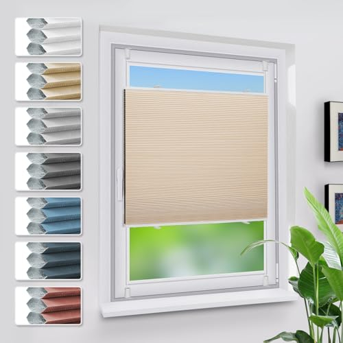 Grandekor Verdunklungsplissee Wabenplissee ohne Bohren Weiß-Beige 55x130cm (BxH) Klemmfix Plissee ohne Bohren Verdunkelung Thermo Rollo Wärmedämmung, Privatsphäre - & Sonnenschutz