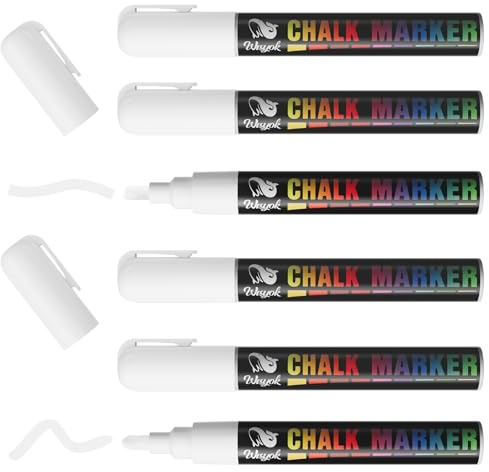 WISYOK Lot de 6 Feutre Craie Blanche, Marqueur Blanc Indelebile, Marqueur Tableau Noir Effacable, Marqueur Craie Double Pointe pour fenêtres et tableaux noirs - 6mm