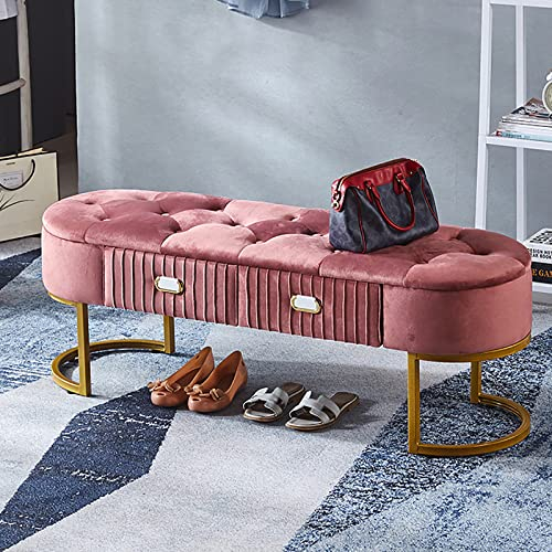 EsEntL Luxuriöse Aufbewahrungs-Osmanenbank mit goldenem Sockel, Samt-Aufbewahrungsbank mit Schubladen, Moderne Bettbank, Schlafzimmer-Osmanenbank mit Stauraum, rosa, 47 Zoll (120 cm)